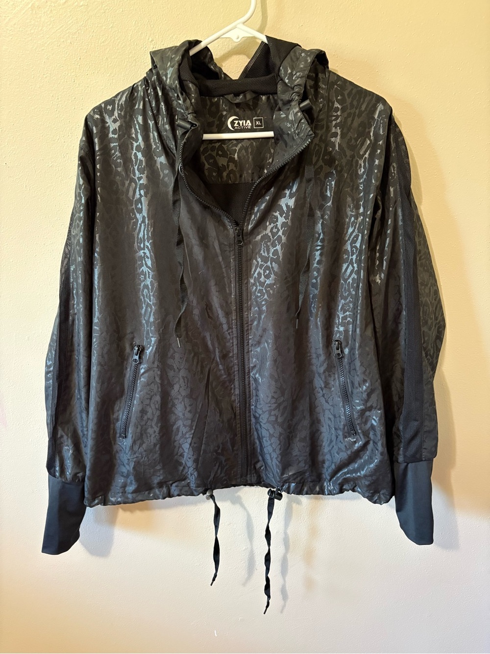 ZYIA Bomber Jacket Lightweight Black Leopard-Print Windbreaker Womens size XL